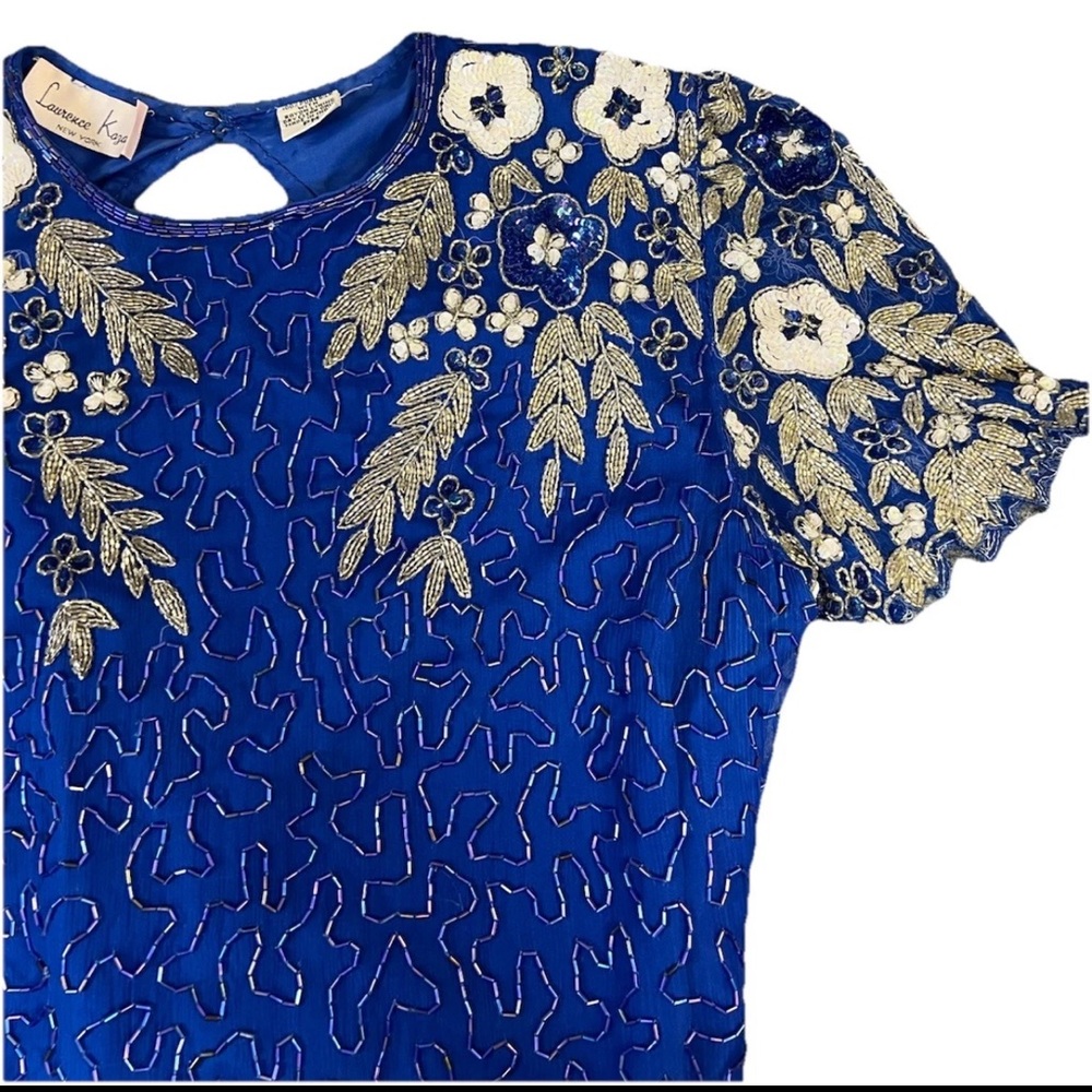 Laurence Kazar Women Dress M Blue Silk Floral Beaded Sequin Sheath Lined READ